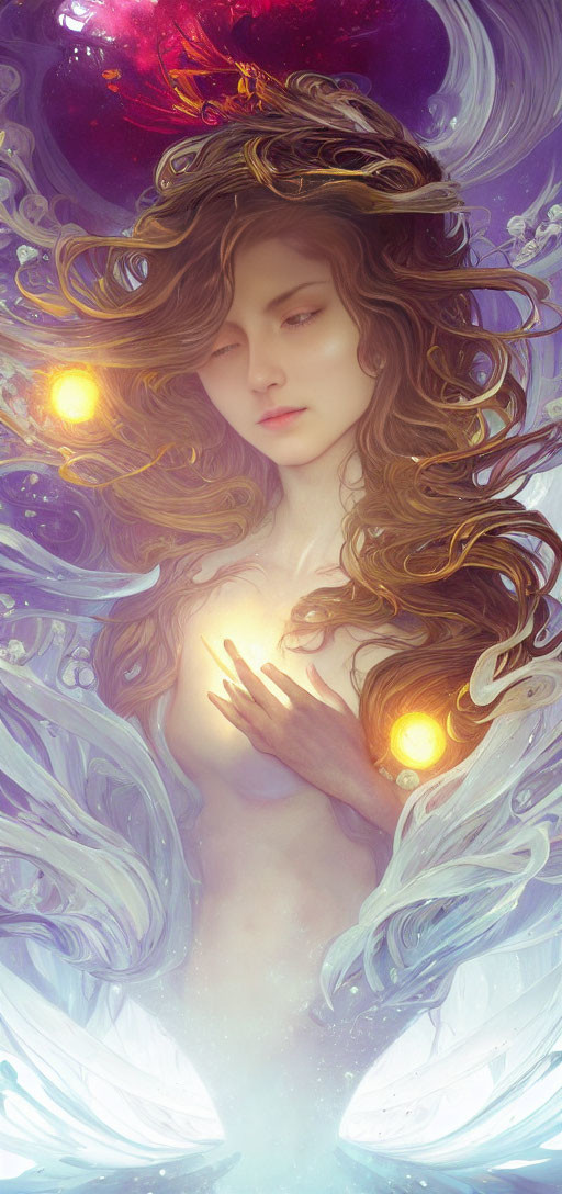 Surreal illustration of woman with flowing hair and glowing orbs in dreamlike palette