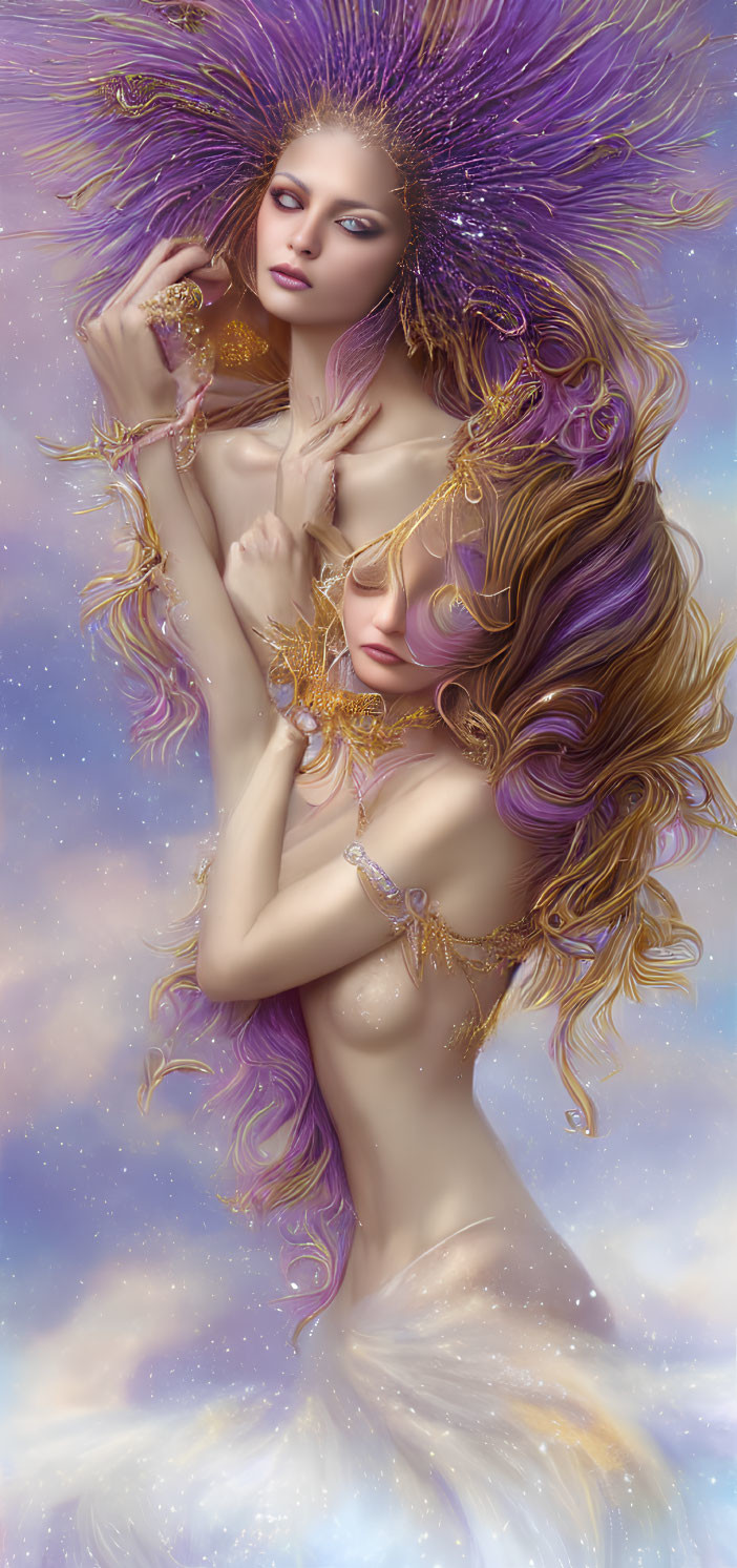 Ethereal women with purple and gold hair in celestial setting