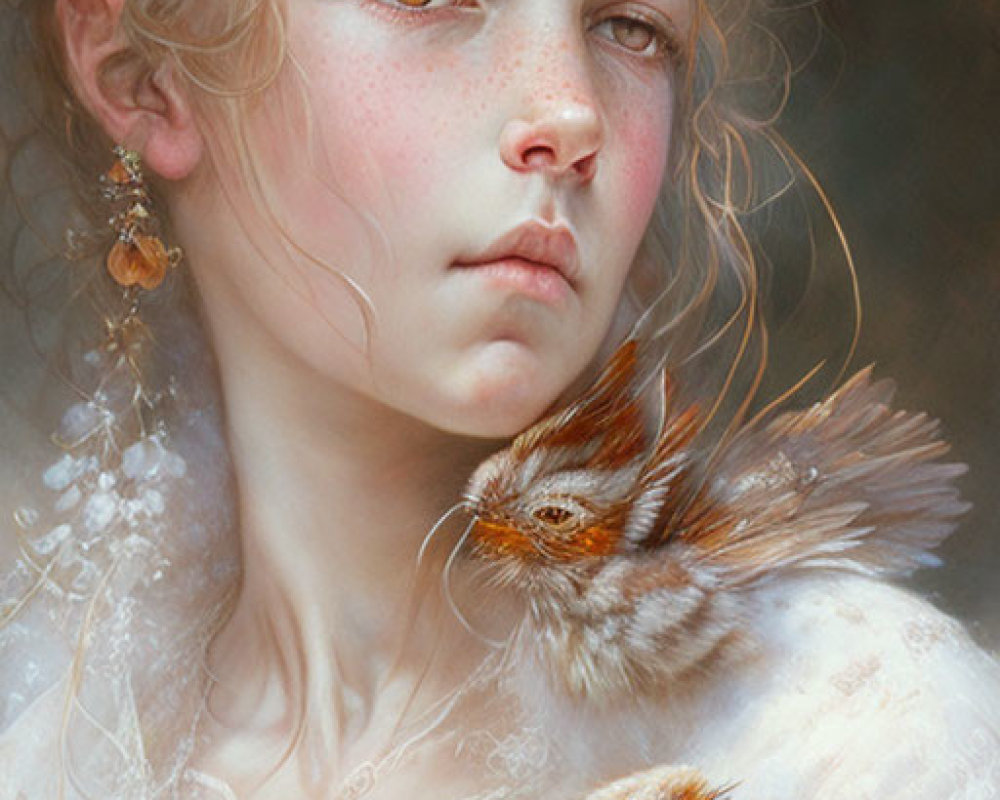 Serene young girl in white feathered outfit holding small bird