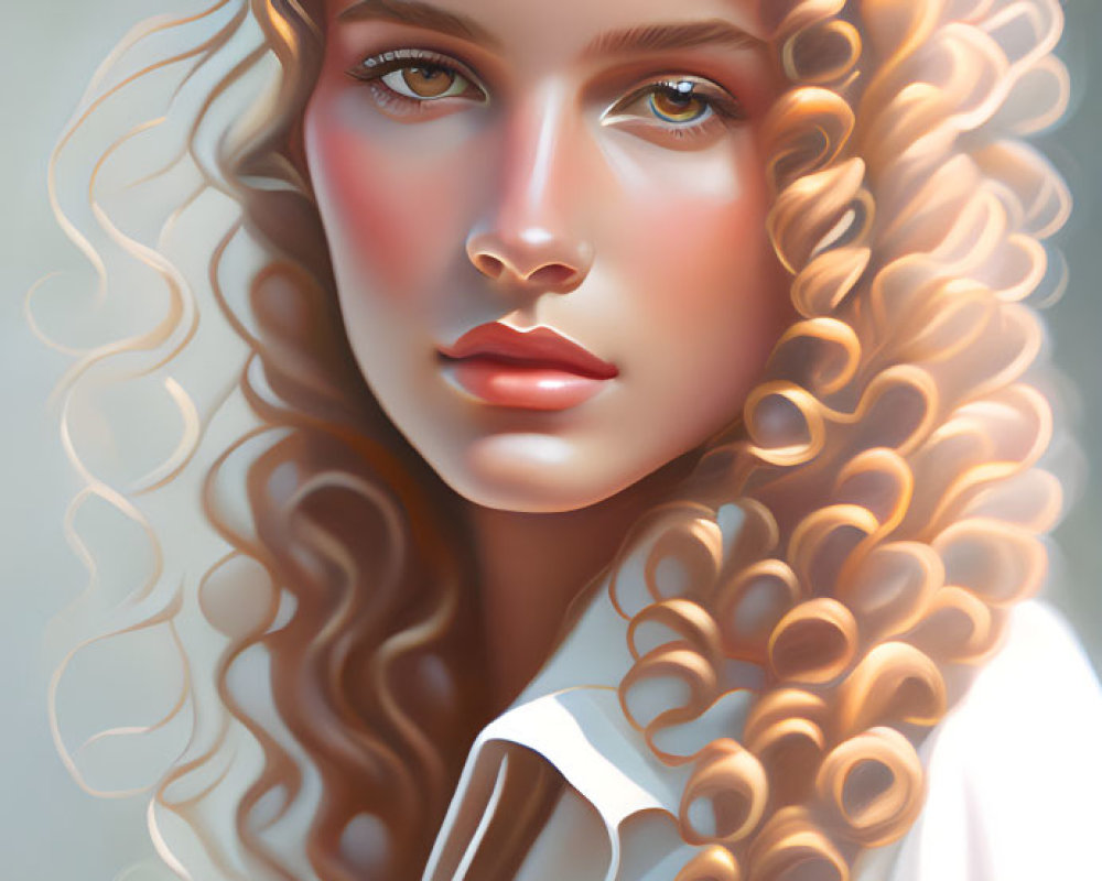 Blonde Curly-Haired Woman with Floral Crown in Soft Digital Art