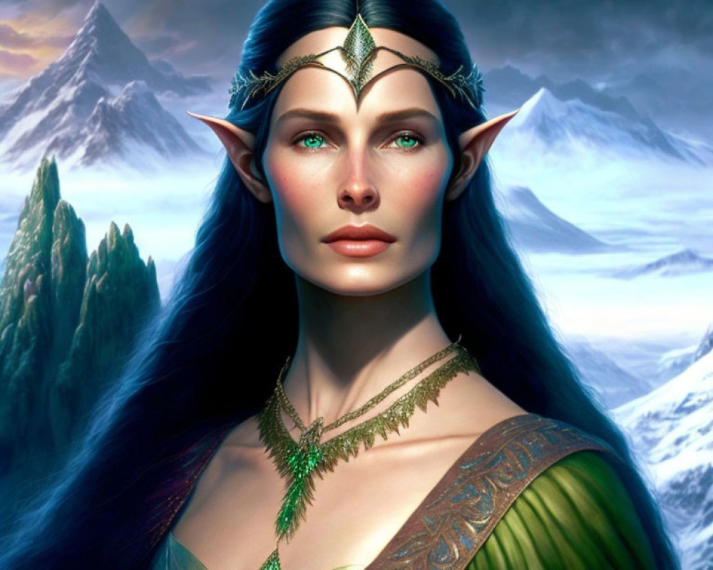 Female elf digital portrait with golden accessories in nature scenery