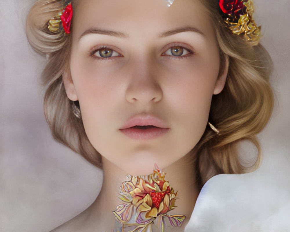 Woman portrait with floral crown and painted flower on neck in soft purple and white setting