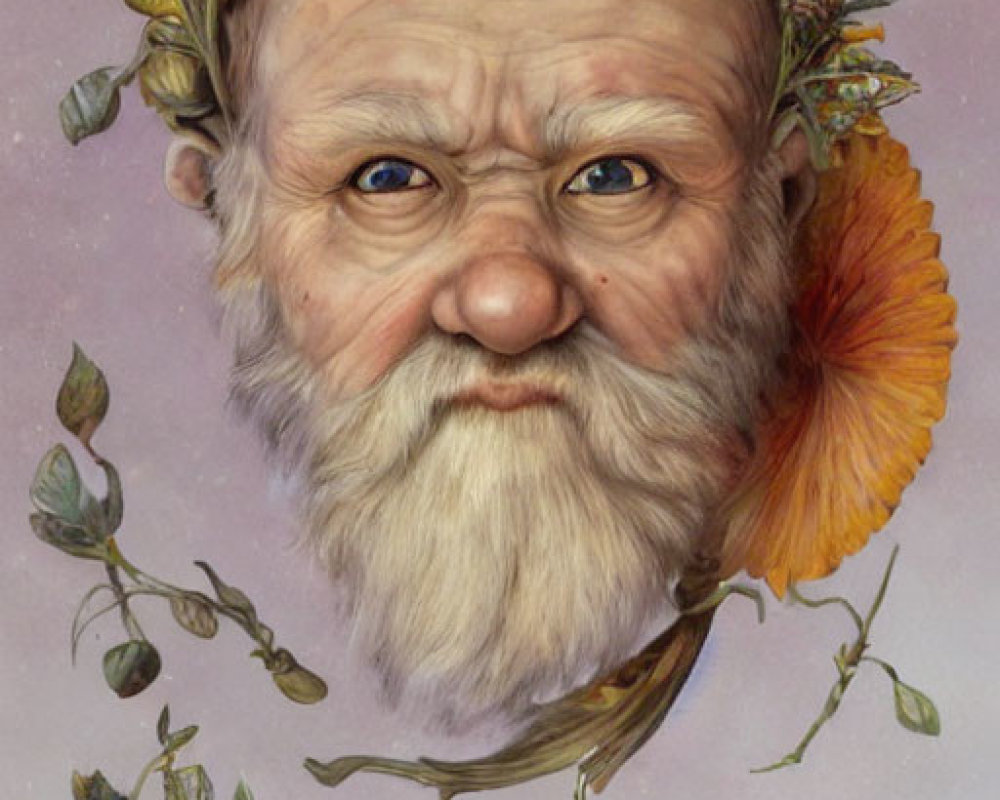 Portrait of an elder man with whimsical floral crown and serene expression