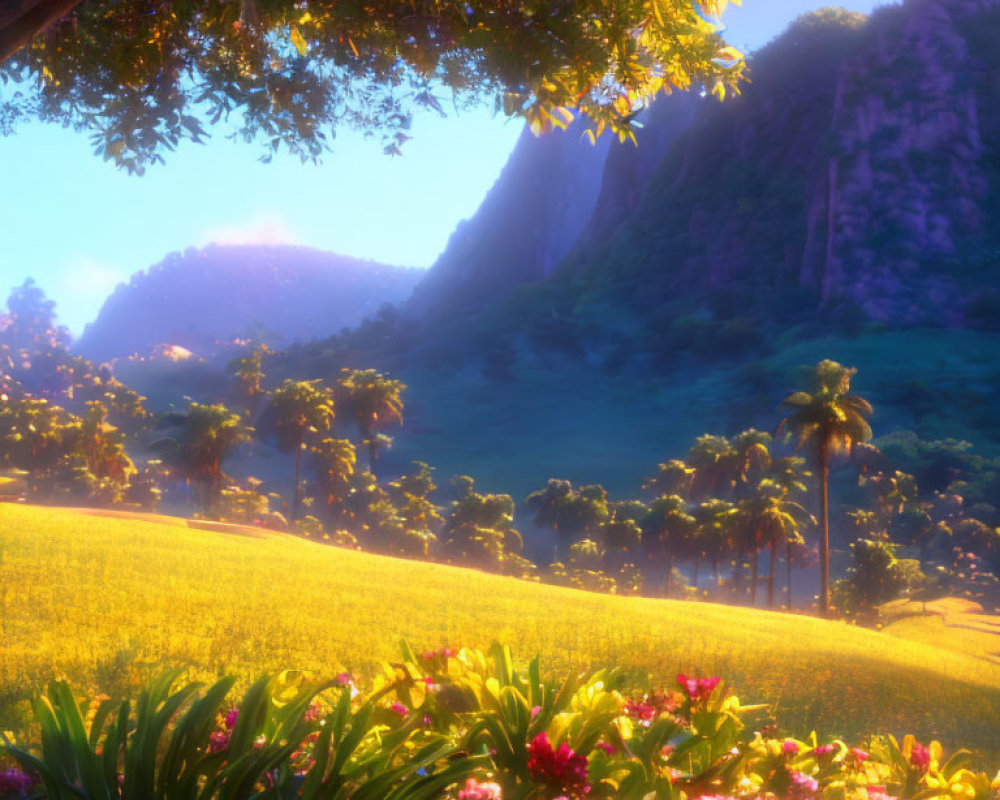 Tranquil sunset landscape with vibrant flowers, lush meadow, and towering mountains