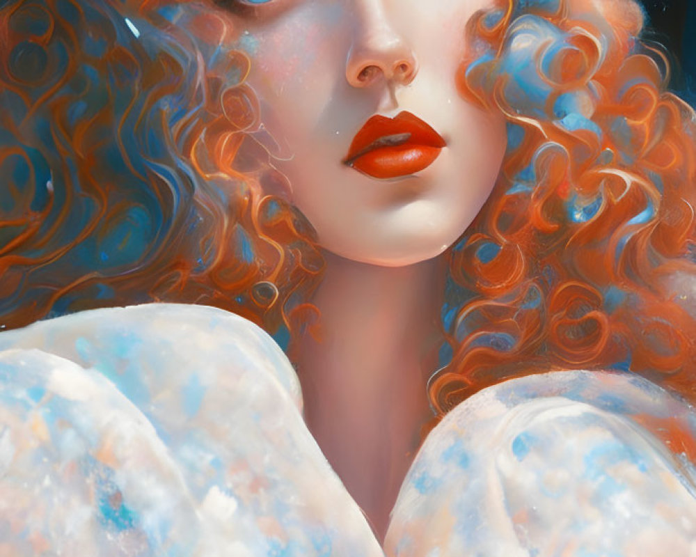 Portrait of Woman with Curly Red Hair and Blue Eyes in White Garment