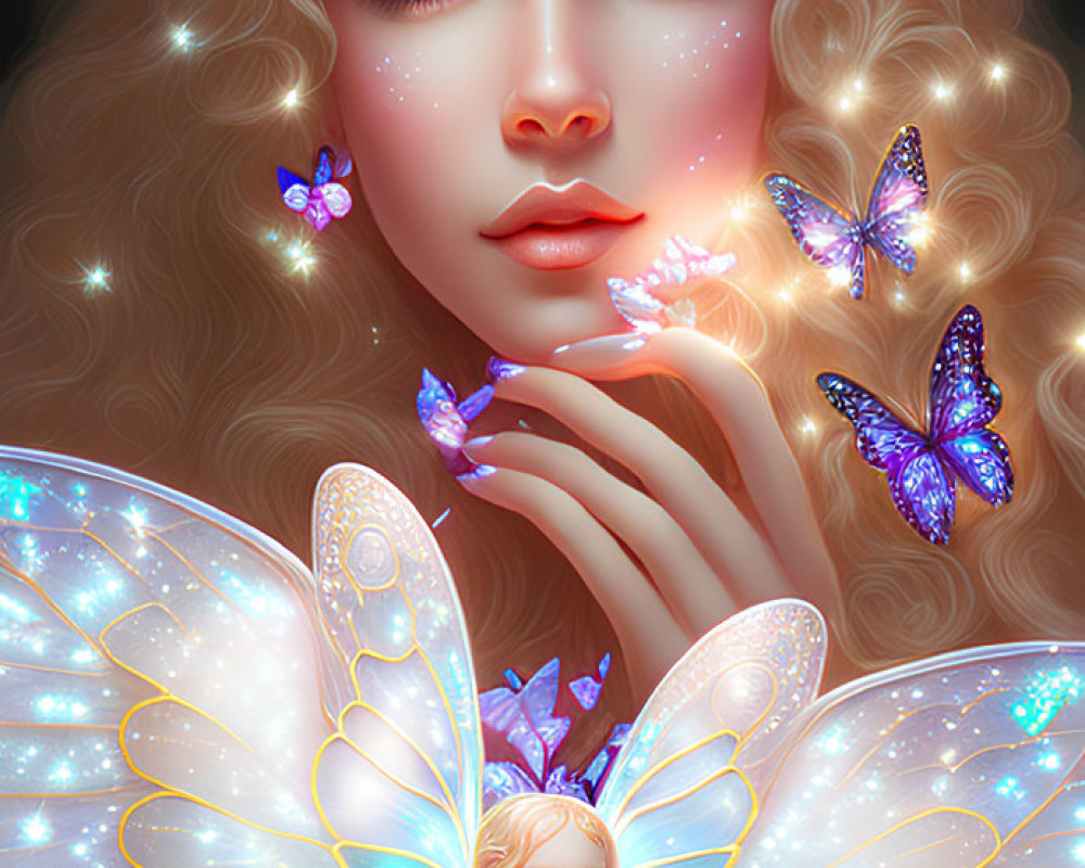 Fantasy digital art of a woman with butterfly wings in enchanted forest