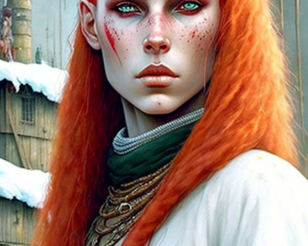 Digital Illustration: Woman with Fiery Red Hair and Viking-Style Armor