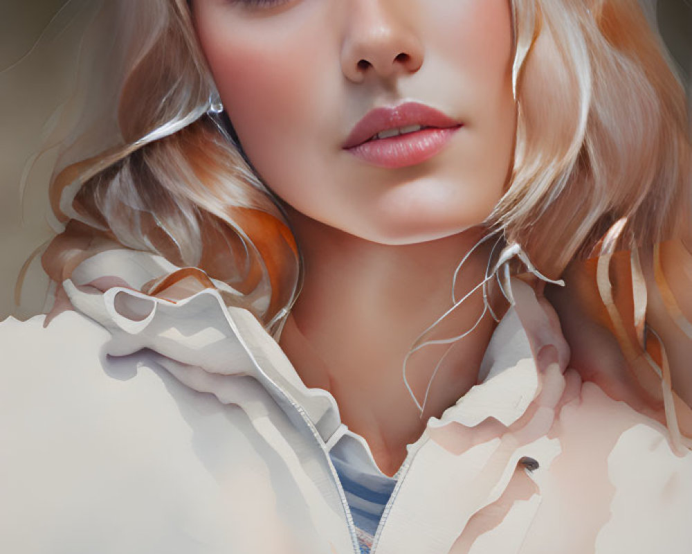 Blonde Woman in White Hoodie with Earphones