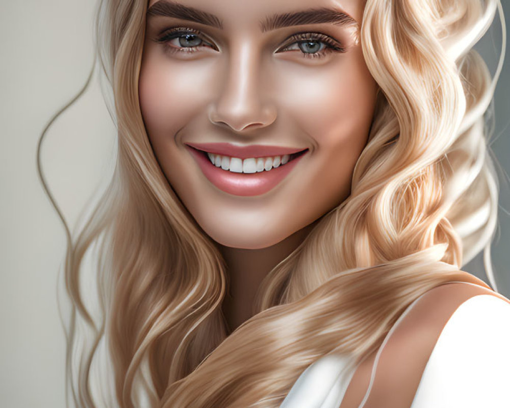 Smiling woman with long blonde hair in digital artwork