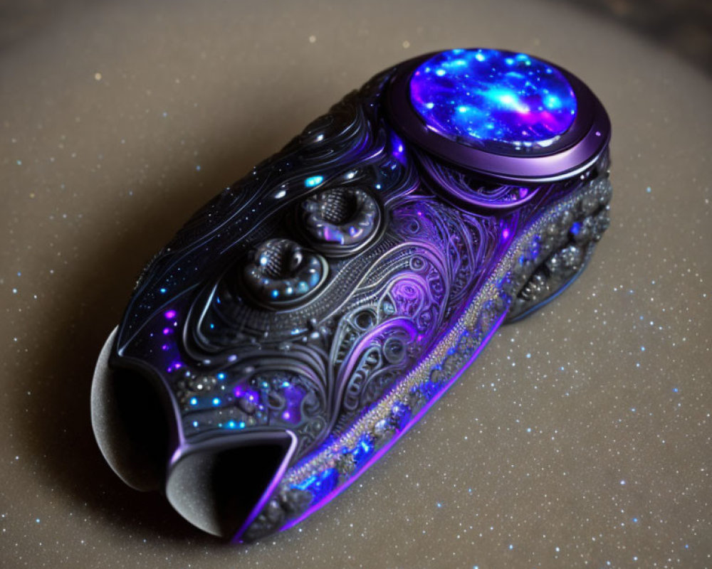 Futuristic ornate bracelet with cosmic patterns and metallic engravings