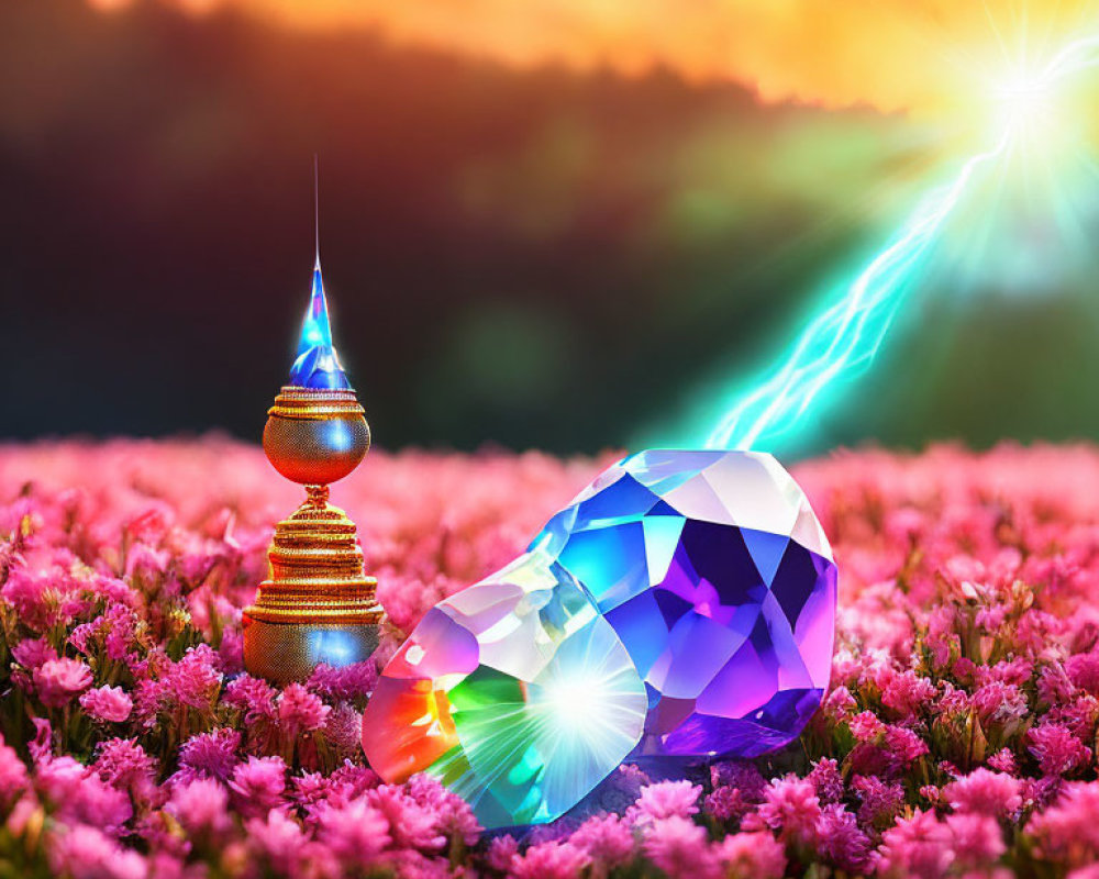 Colorful gemstone surrounded by pink flowers and pagoda under radiant sunset sky