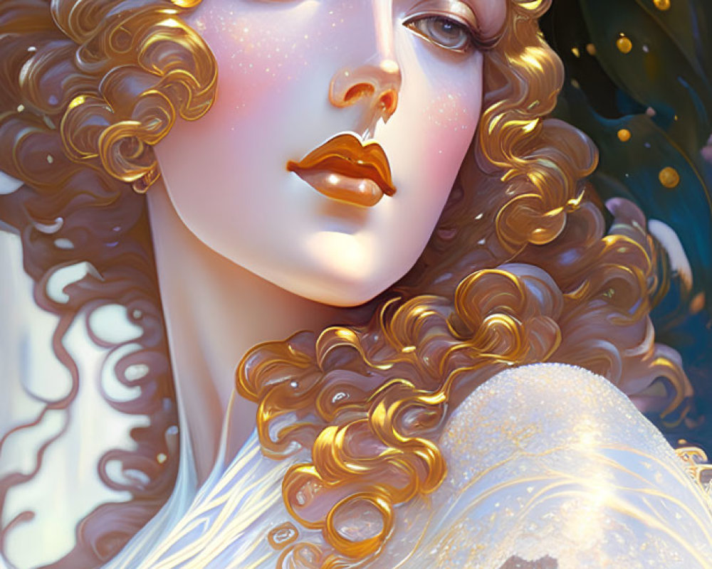 Digital artwork featuring woman with curly golden hair and white/gold dress