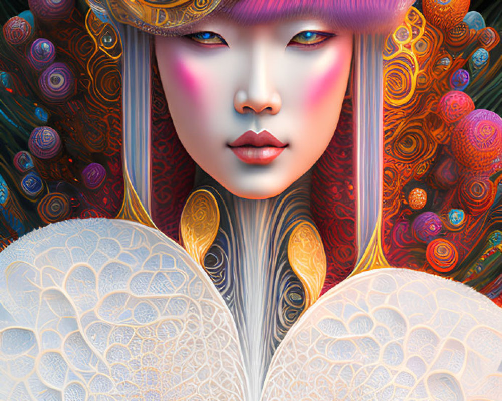 Detailed Stylized Woman Artwork with Lavender Hair and Golden Headdress