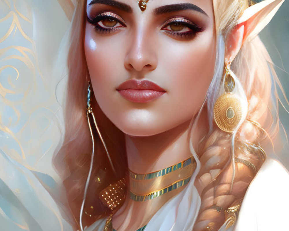 Blonde-haired elf with golden jewelry in soft background