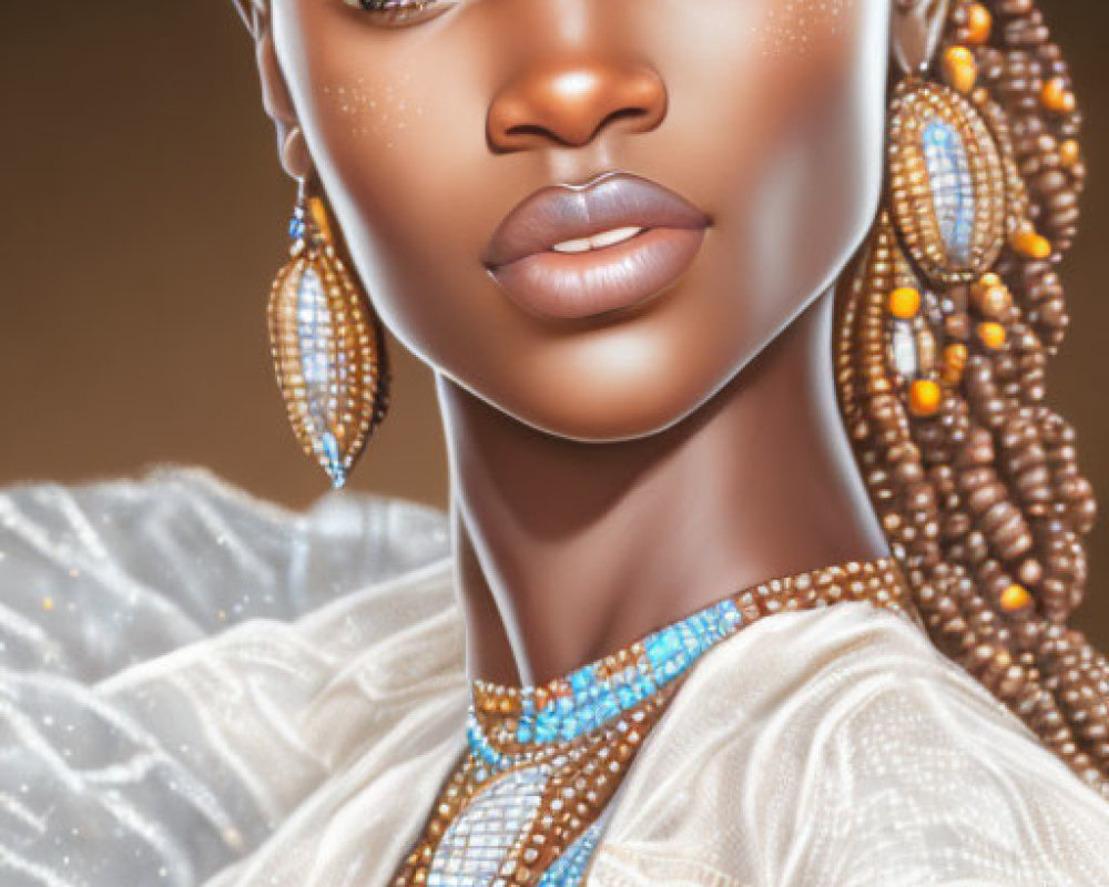 Detailed Beaded Hair and Traditional Attire in Digital Portrait