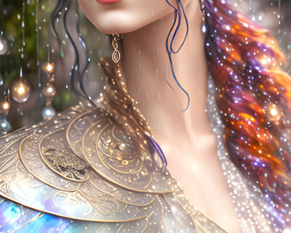 Illustrated woman in cosmic armor with blue-black hair and golden accessories on rain-drenched backdrop