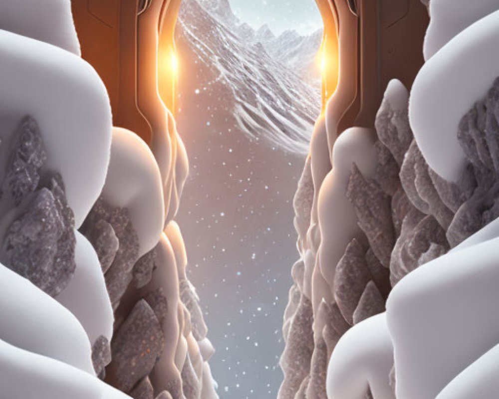 Person in spacesuit at surreal archway in snowy mountain landscape under galaxy sky