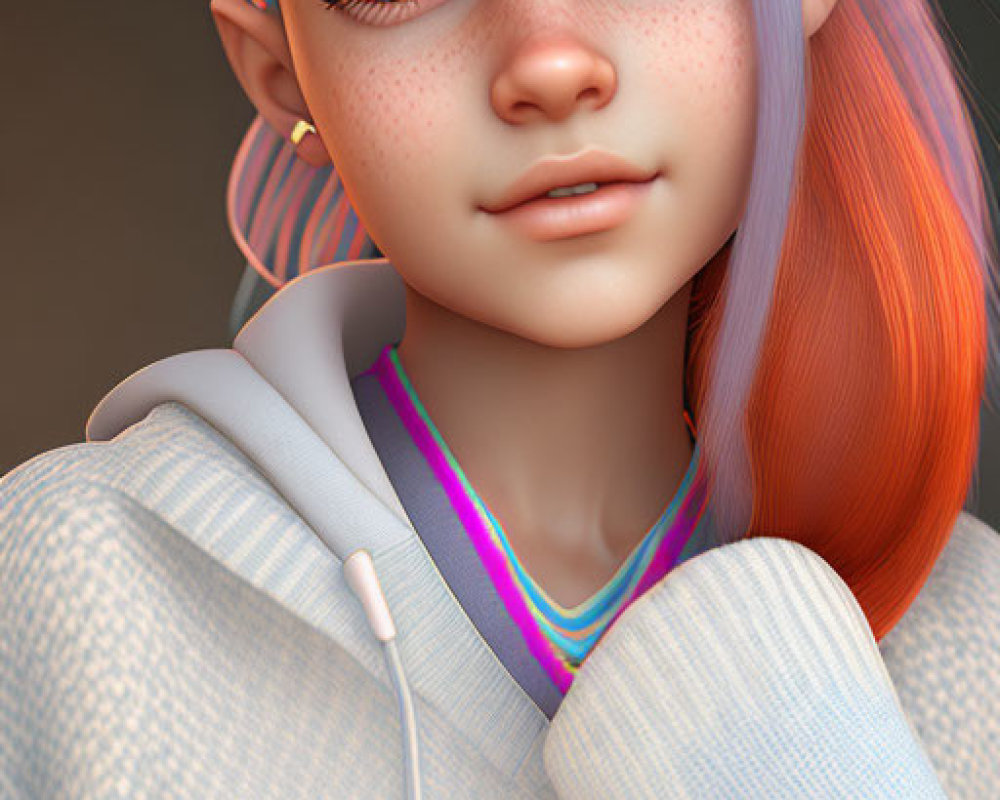 Young person with blue and orange hair in white hoodie - serene expression