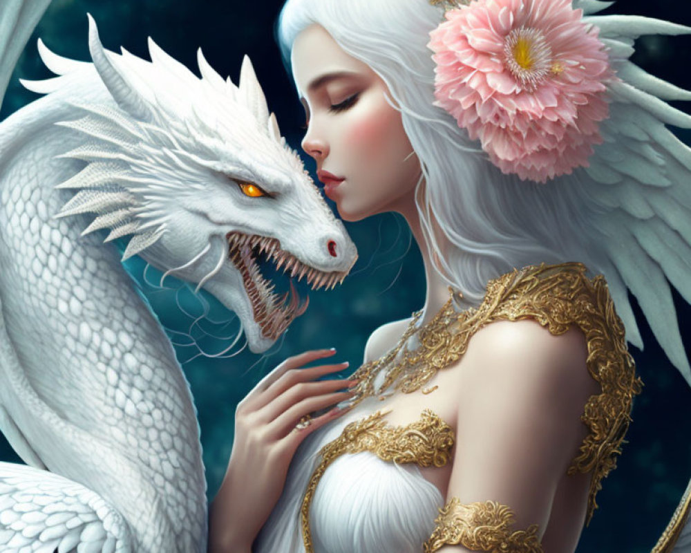 Fantasy illustration of woman with white hair and wings in golden armor with white dragon.