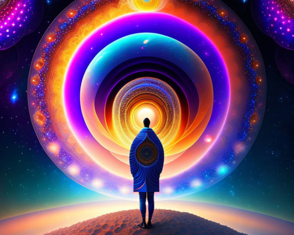 Person standing on rocky ground facing vibrant cosmic vortex