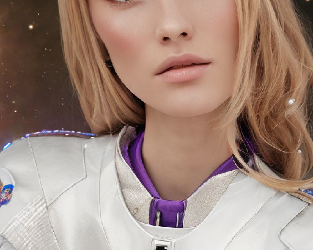 Woman in Futuristic Silver Spacesuit with Blue Eyes and Light Hair in Space Setting