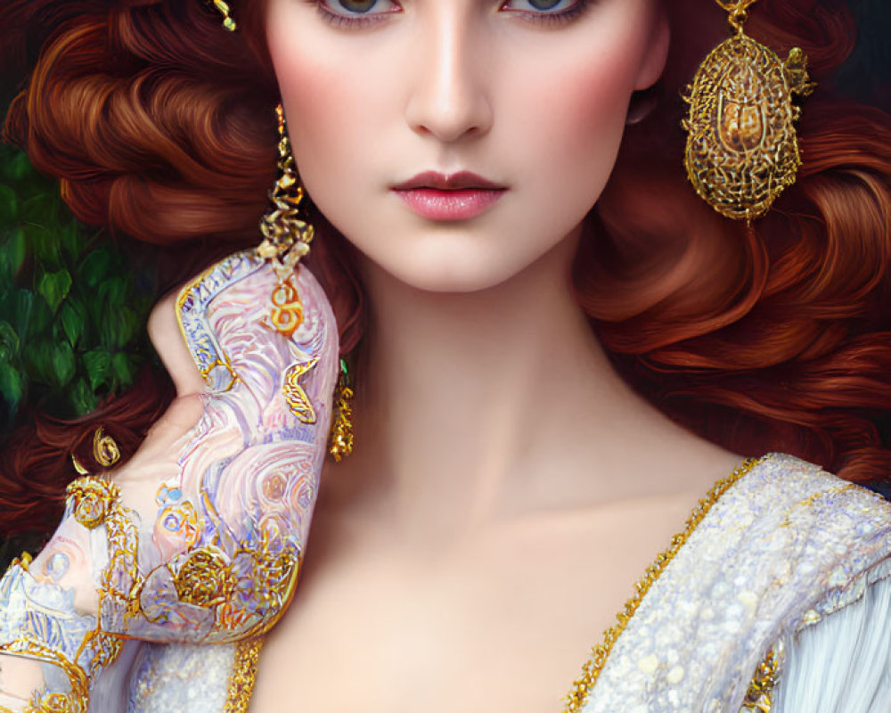 Regal woman in golden jewelry and crown, white dress with gold details, lush green backdrop