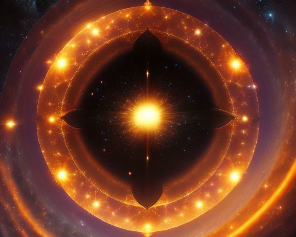 Cosmic digital art: Glowing star with concentric rings and mirrored reflection