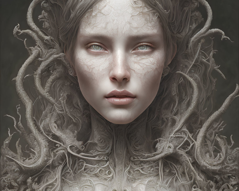 Ethereal woman with intricate skin patterns and snake-like tendrils