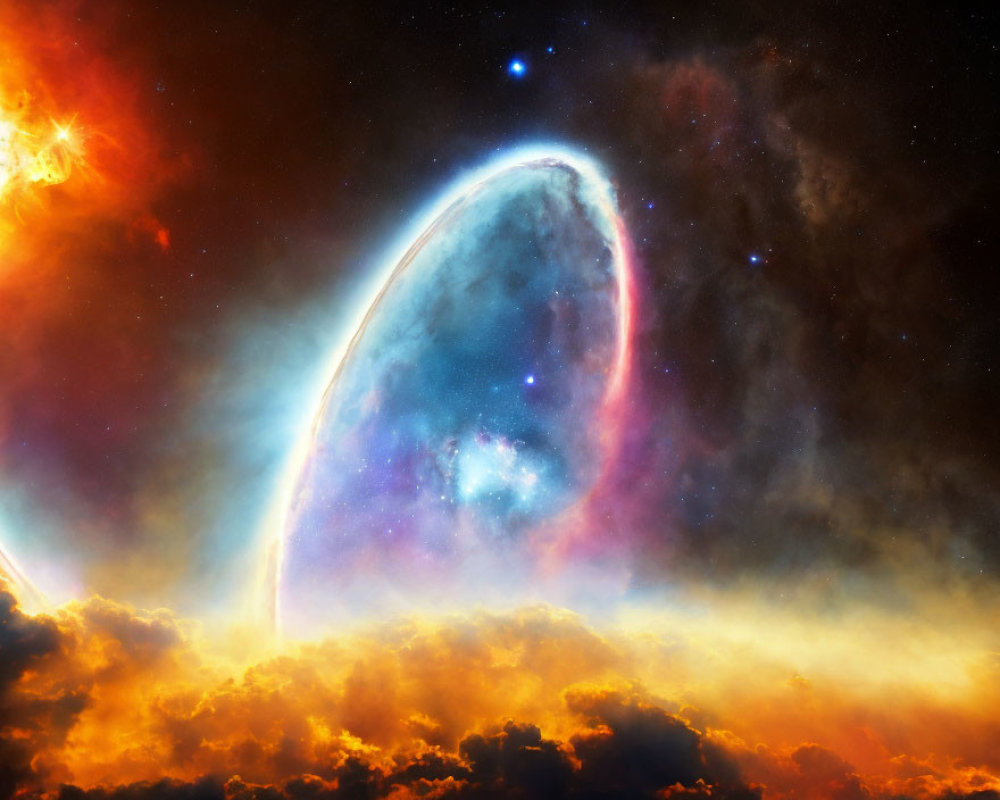 Colorful cosmic scene with glowing nebula, stars, and clouds in vast space