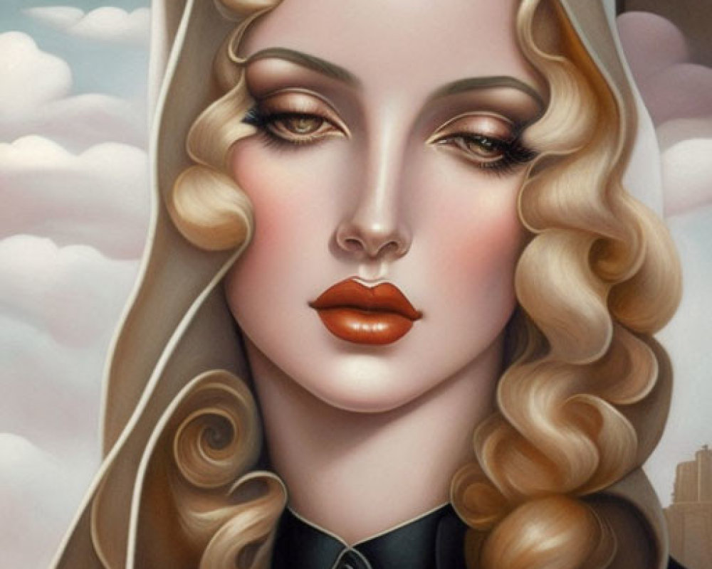 Blonde Curled Woman Portrait with Red Lips and Cream Hat