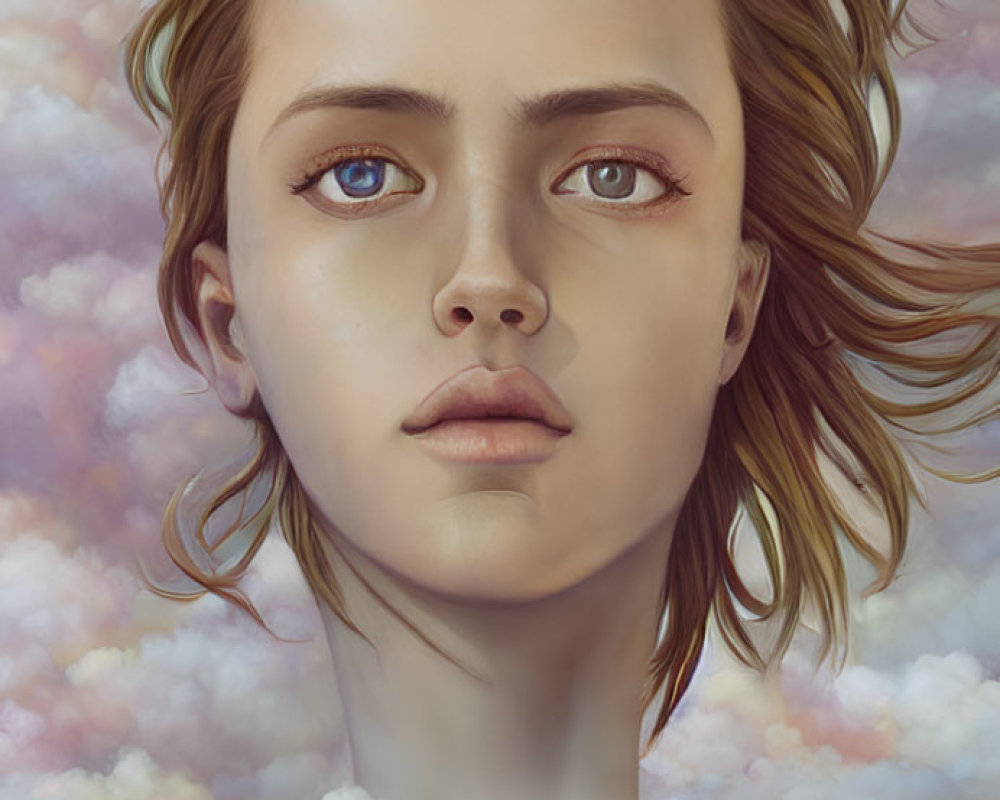 Digital artwork featuring young woman's face in pink and white clouds.