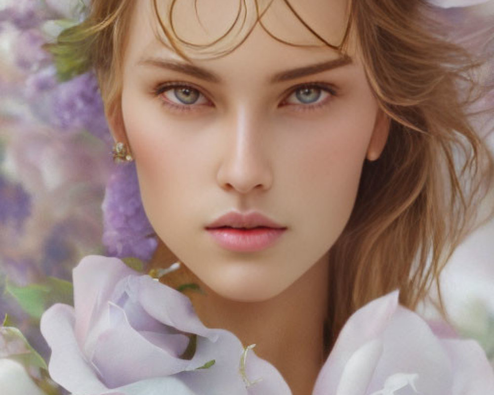 Intense gaze woman face in soft purple and pink flower bouquet