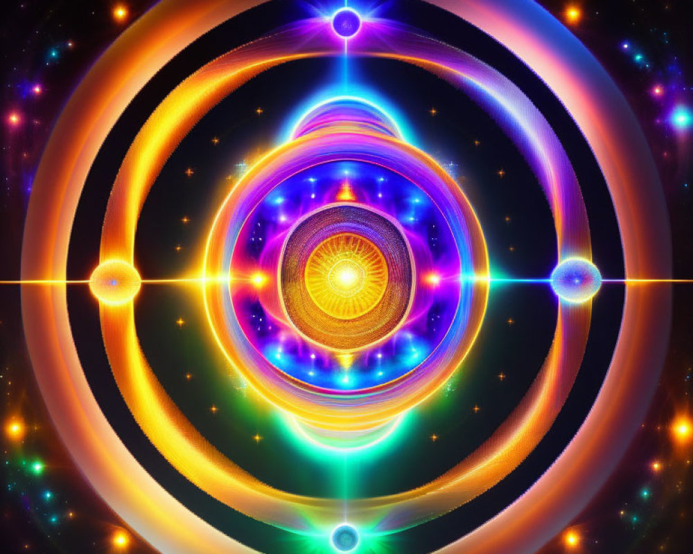 Vibrant Multicolored Fractal Image with Concentric Circles and Bright Light Points