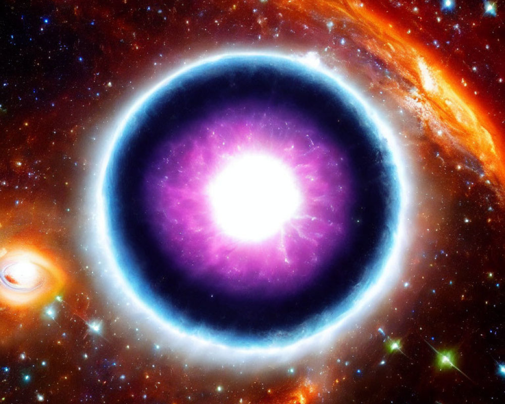 Bright central star surrounded by blue and orange rings in space.