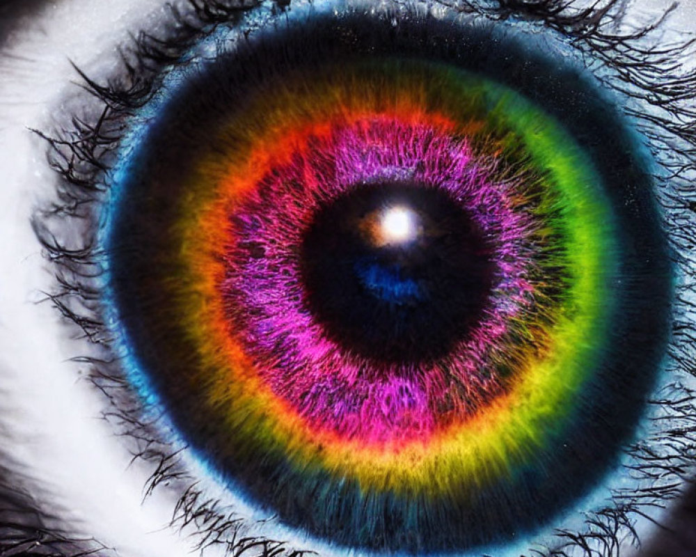 Detailed Close-Up of Colorful Rainbow Iris and Dark Lashes