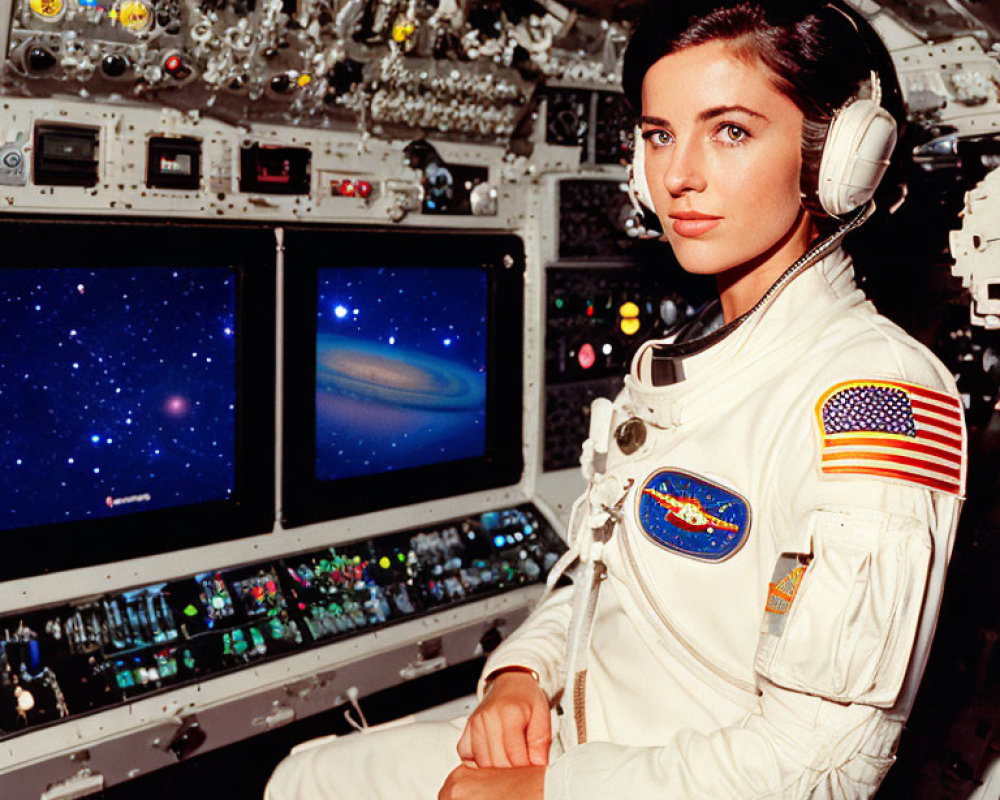 Female astronaut in white spacesuit at spacecraft control panel viewing planet and stars.