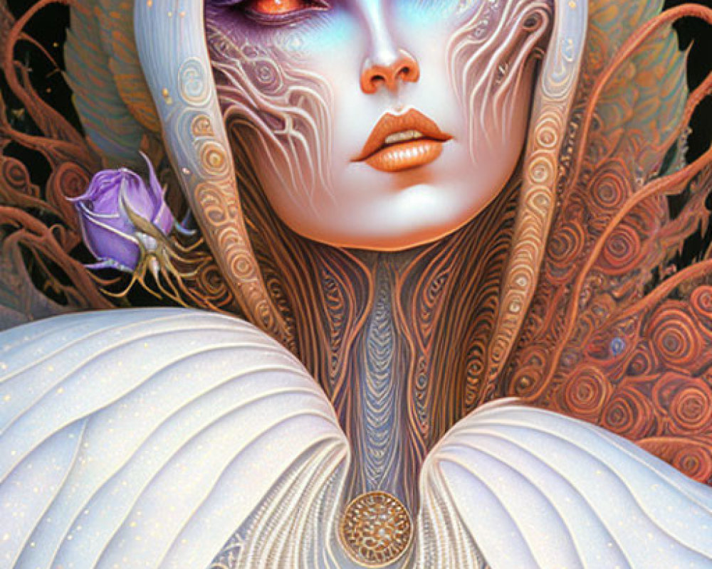 Detailed fantasy artwork of a female figure with ornate headgear and feather-like garments.