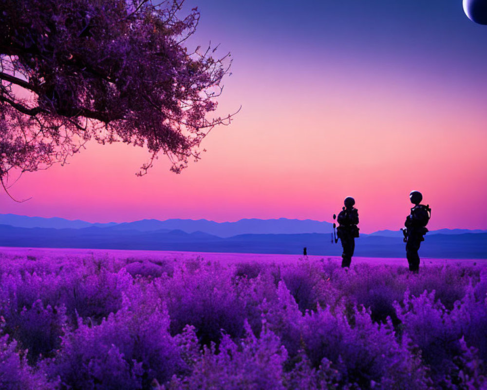 Silhouetted figures in field under twilight sky with vibrant purple hues and large moon.