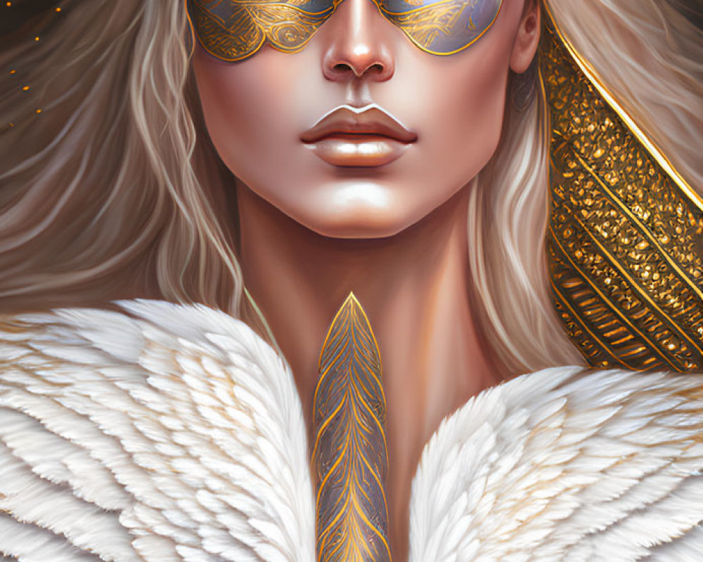 Digital Artwork: Woman with Golden Masquerade Mask and Feathered Wings