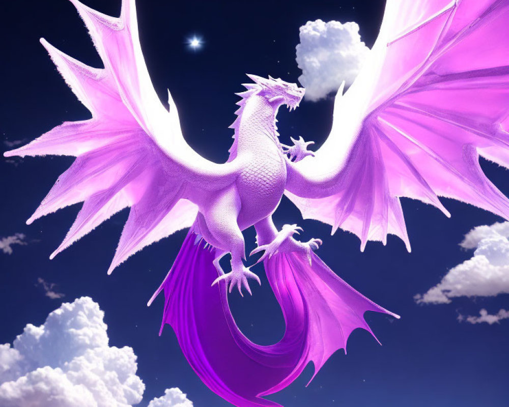 Purple dragon with pink wings soaring in blue sky