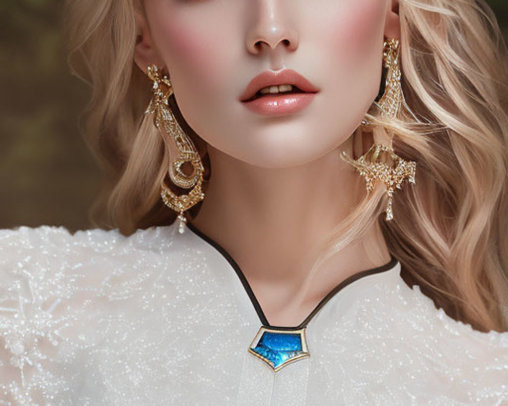 Blonde woman with wavy hair in white dress and blue necklace