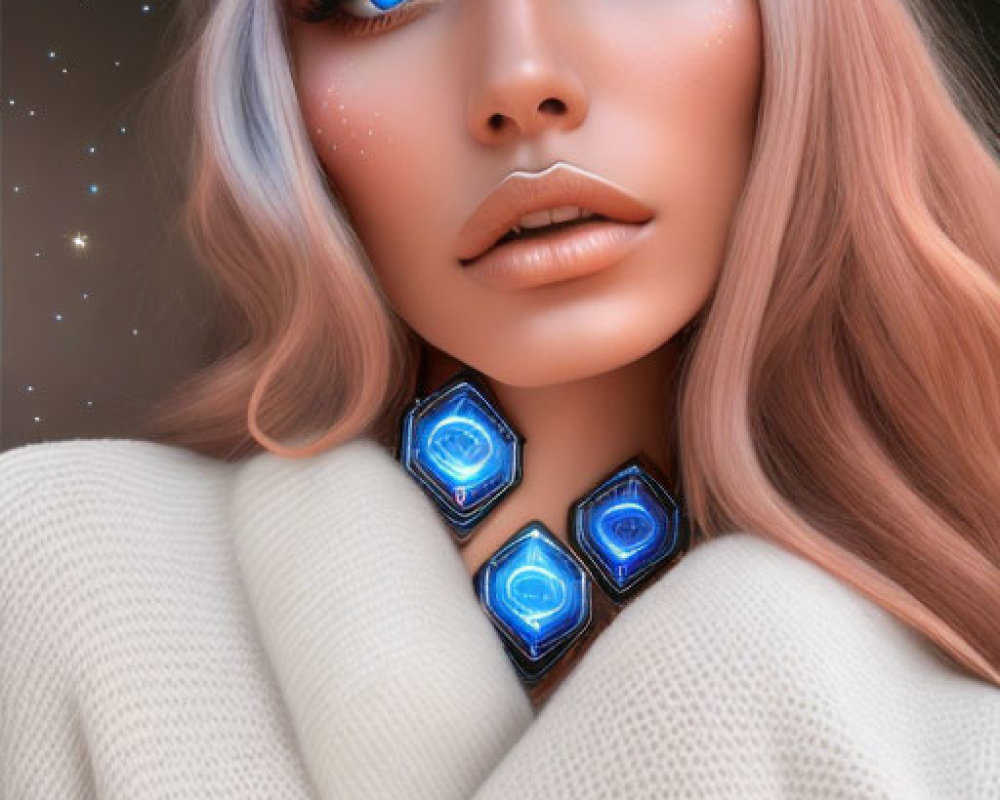 Digital artwork: Woman with striking blue eyes and geometric jewelry on starry background