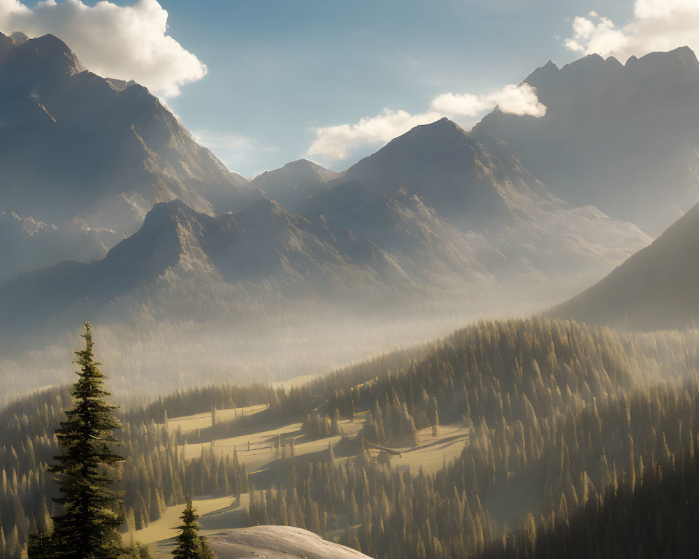 Majestic mountains with sunbeams over misty forested valley