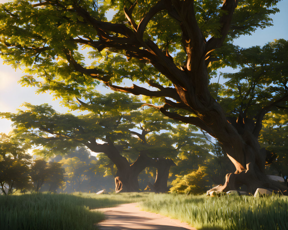 Tranquil forest path with towering trees and lush foliage at sunset