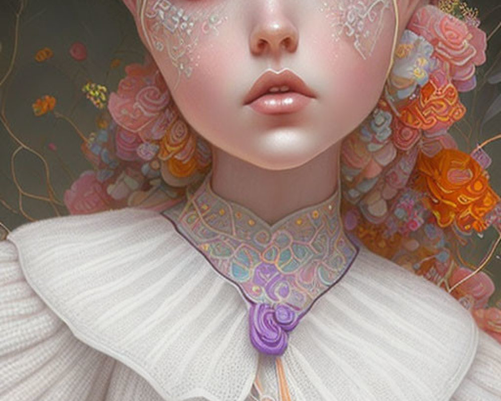 Illustration of fantasy character with pale skin, violet eyes, floral adornments