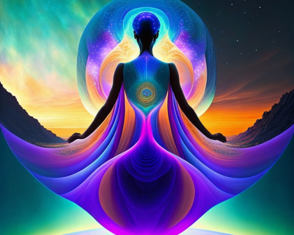 Colorful digital art: Meditative figure in cosmic setting with mountains