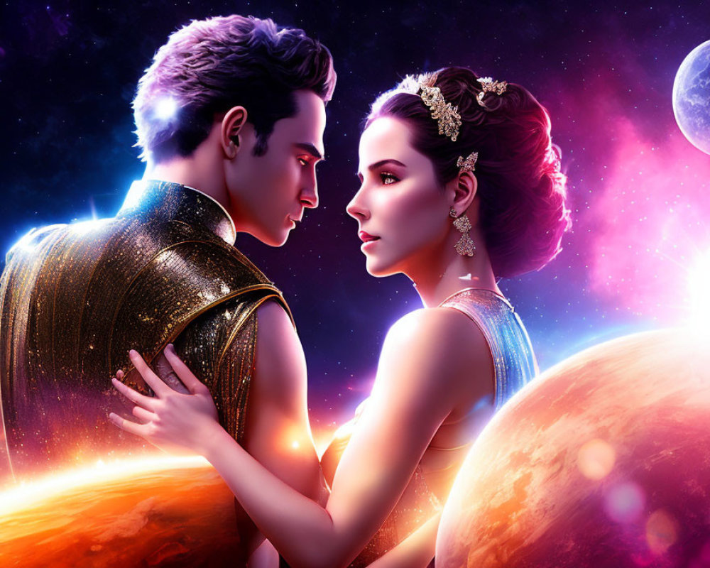 Digital illustration: Man and woman in elegant attire with cosmic backdrop