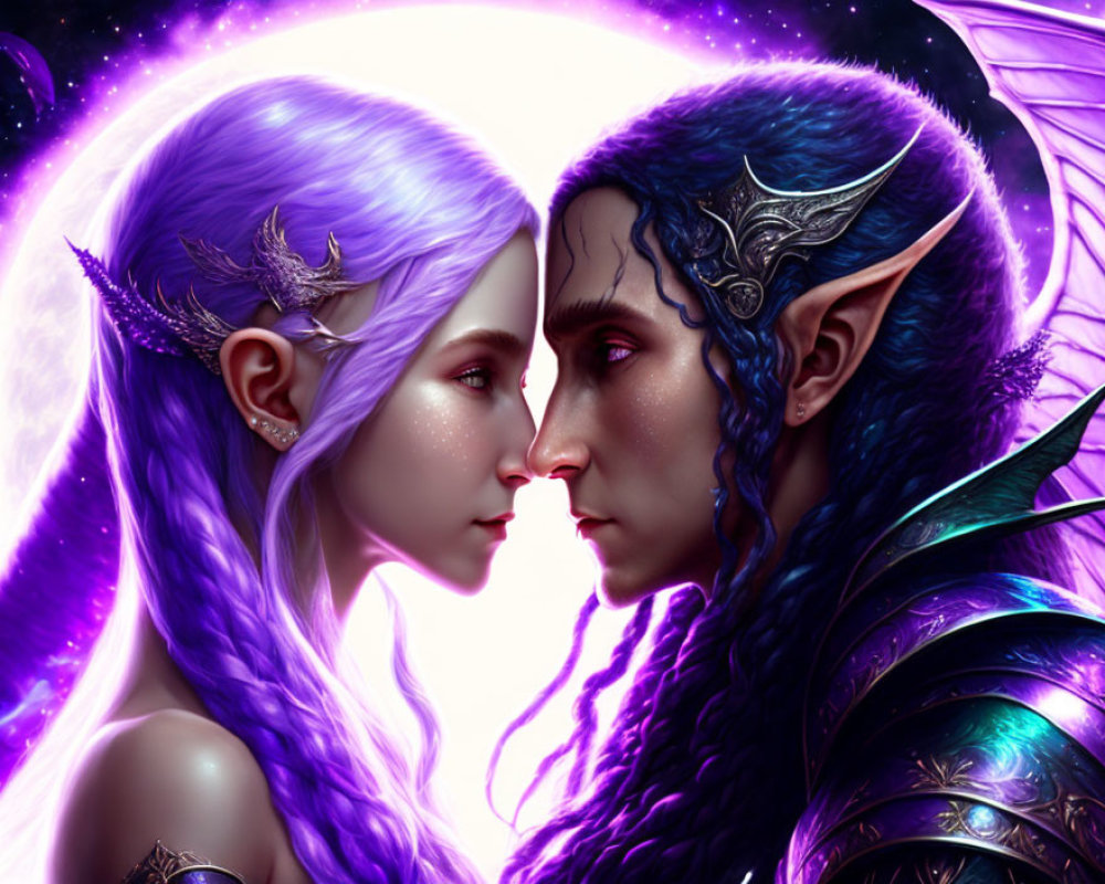 Elves with purple and blue hues and ornate ear decorations gaze against magical backdrop