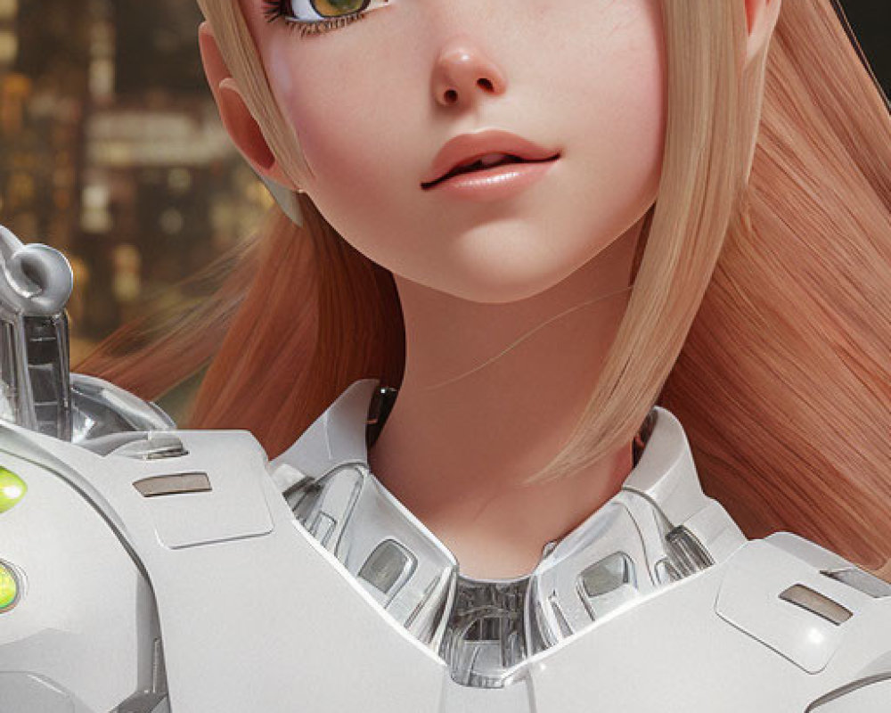 Digital artwork: Young female with pale skin and blonde hair in futuristic white armor against urban night backdrop