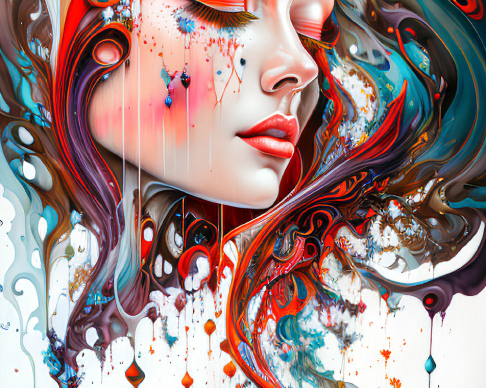 Colorful Abstract Digital Artwork of Serene Woman's Face